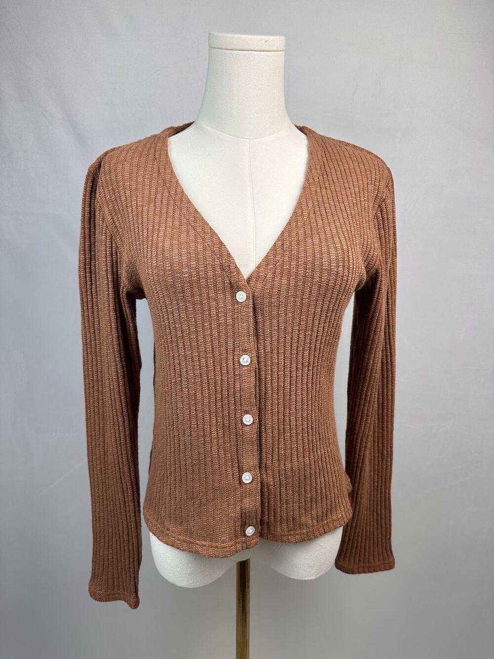 Everlane Women’s M Brown Ribbed Button Front V Neck Cardigan Organic Cotton